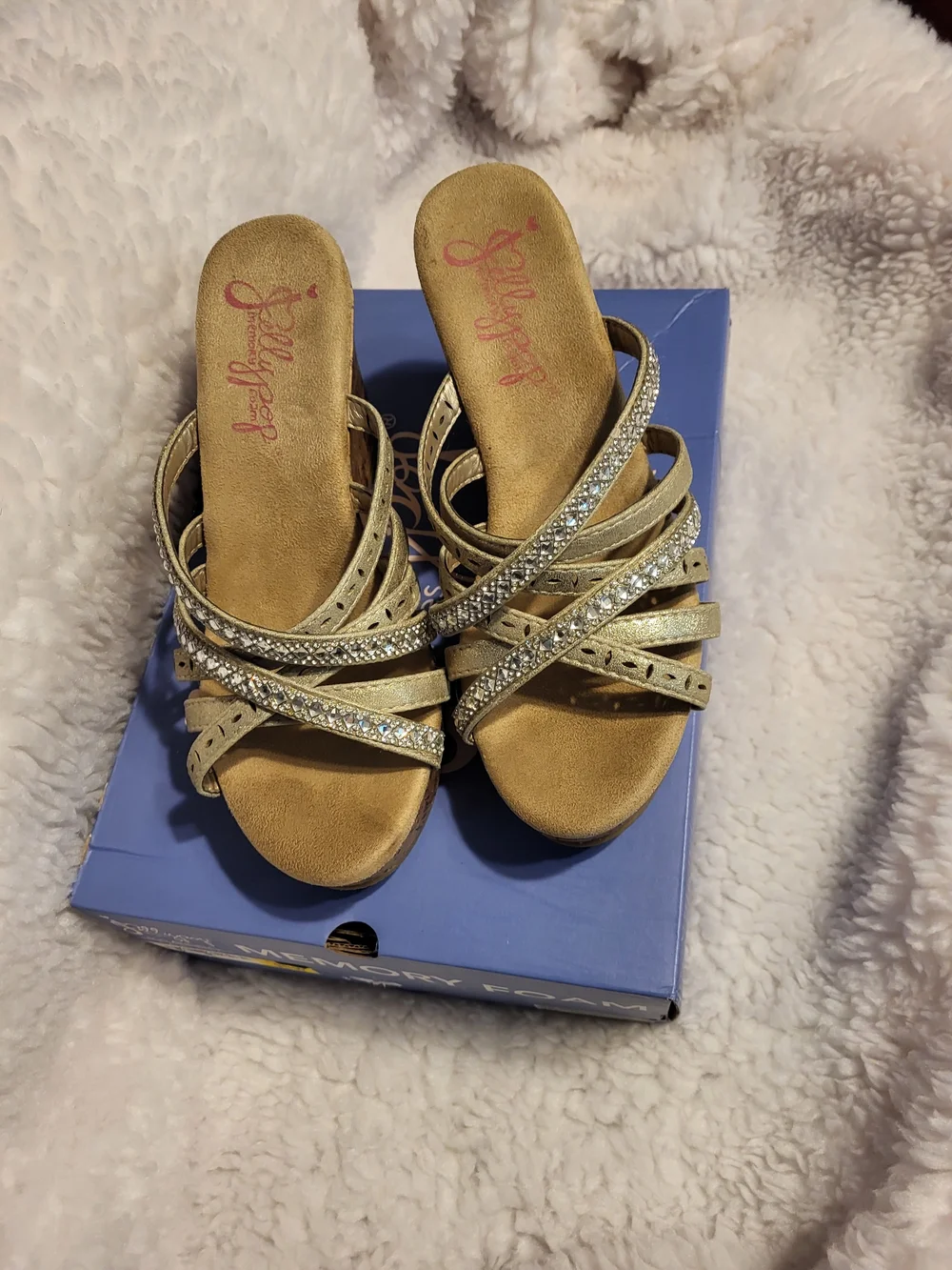 Jellypop Gold Strappy Rhinestone Cork Wedge Sandals
